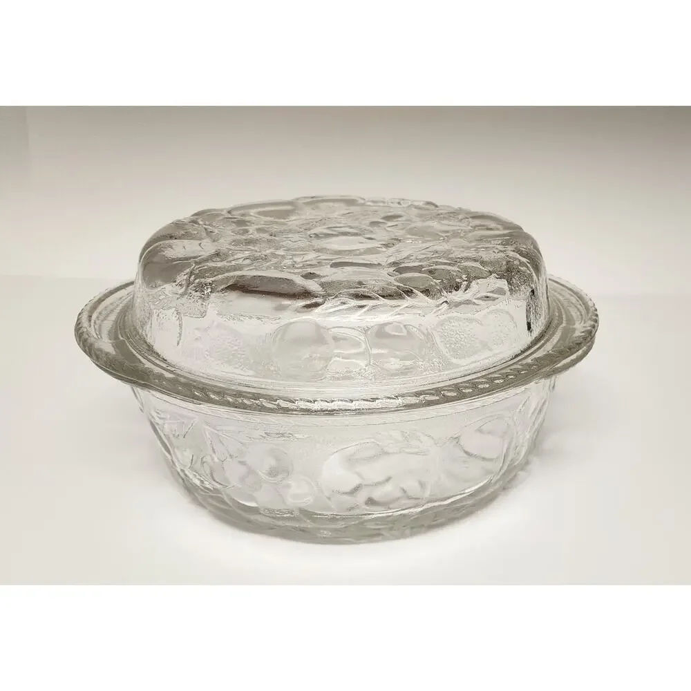 Libbey Orchard Fruit Clear Glass 3Qt Round Casserole Baking Dish & Pie Plate Lid